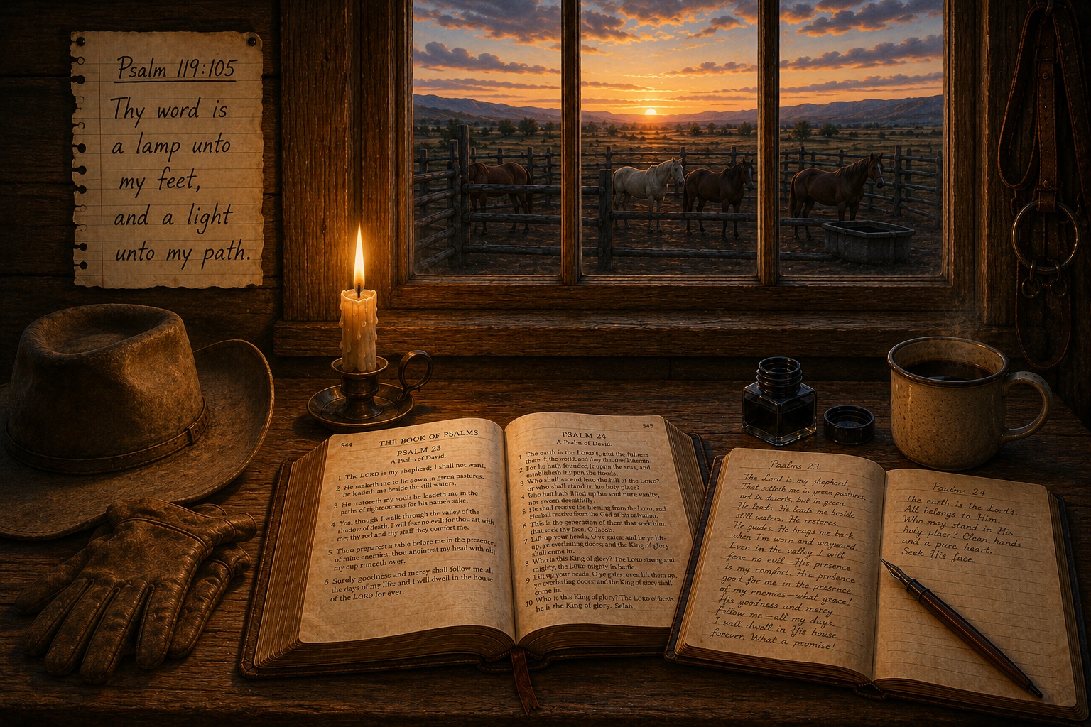 An open Bible, candlelight, and Psalm 119:105 beside a ranch window at sunrise