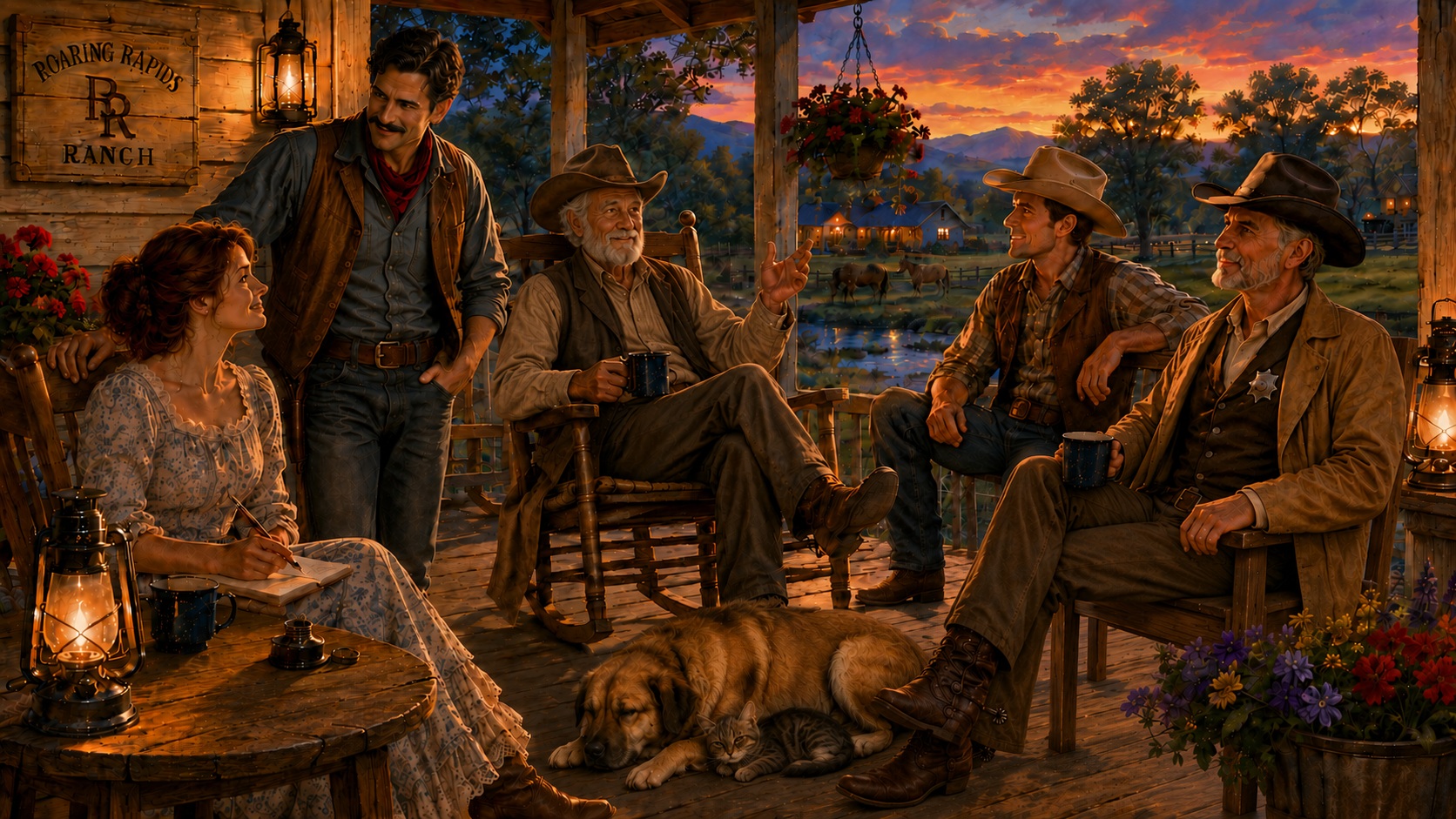 Old Man Caldwell sharing ranch wisdom on the porch while Mary writes, Jake listens, Sheriff Tex sits nearby, Boone sleeps beside Whisper the kitten, and a young cowboy listens at sunset