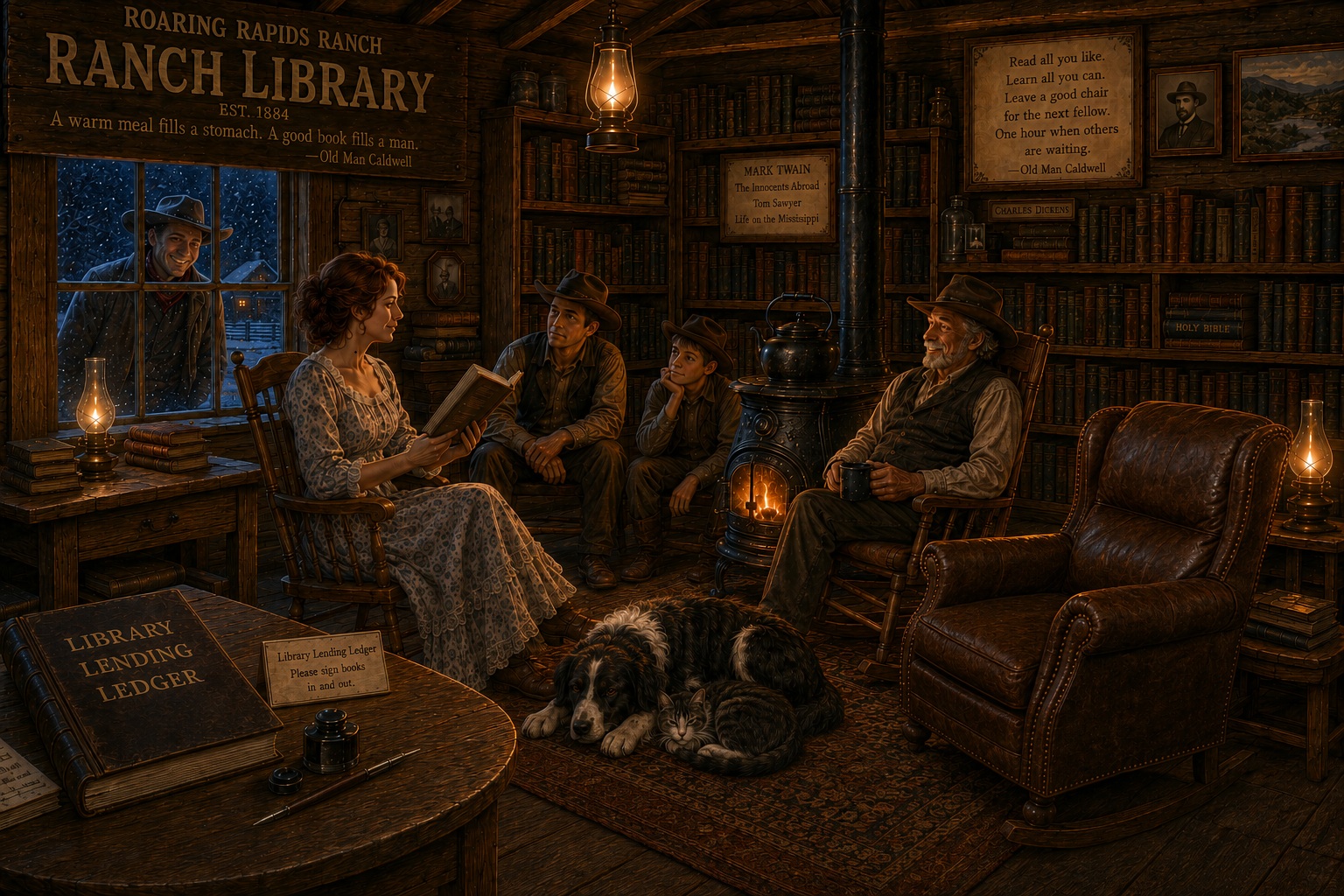 The Roaring Rapids Ranch Library on a snowy winter evening, with Mary reading aloud, Old Man Caldwell near the stove, Boone and Whisper resting together, and a smiling cowboy looking through the window toward an empty chair