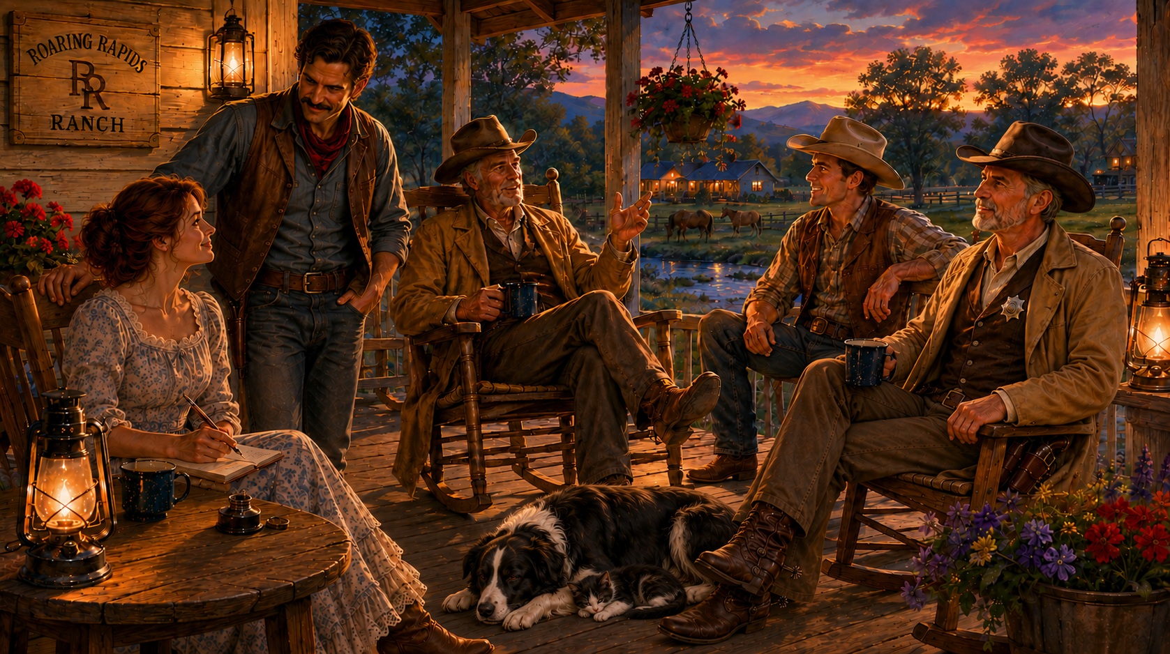 Old Man Caldwell sharing ranch wisdom on the porch while Mary writes, Jake listens, Sheriff Tex sits nearby, Boone sleeps beside Whisper the kitten, and a young cowboy listens at sunset